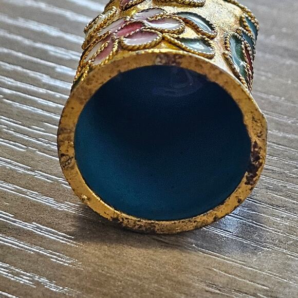 Vintage Cloisonne Gold Owl Thimble with Floral Design - Picture 6 of 8